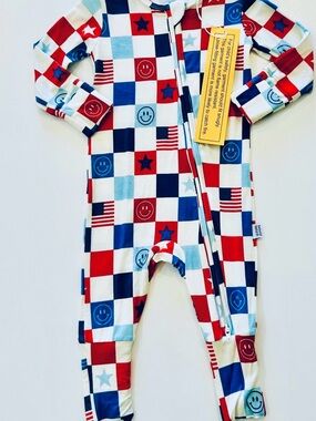 Smiley Flag Print Kids One-Piece Bamboo Convertible Zippy  - Red, Blue & White